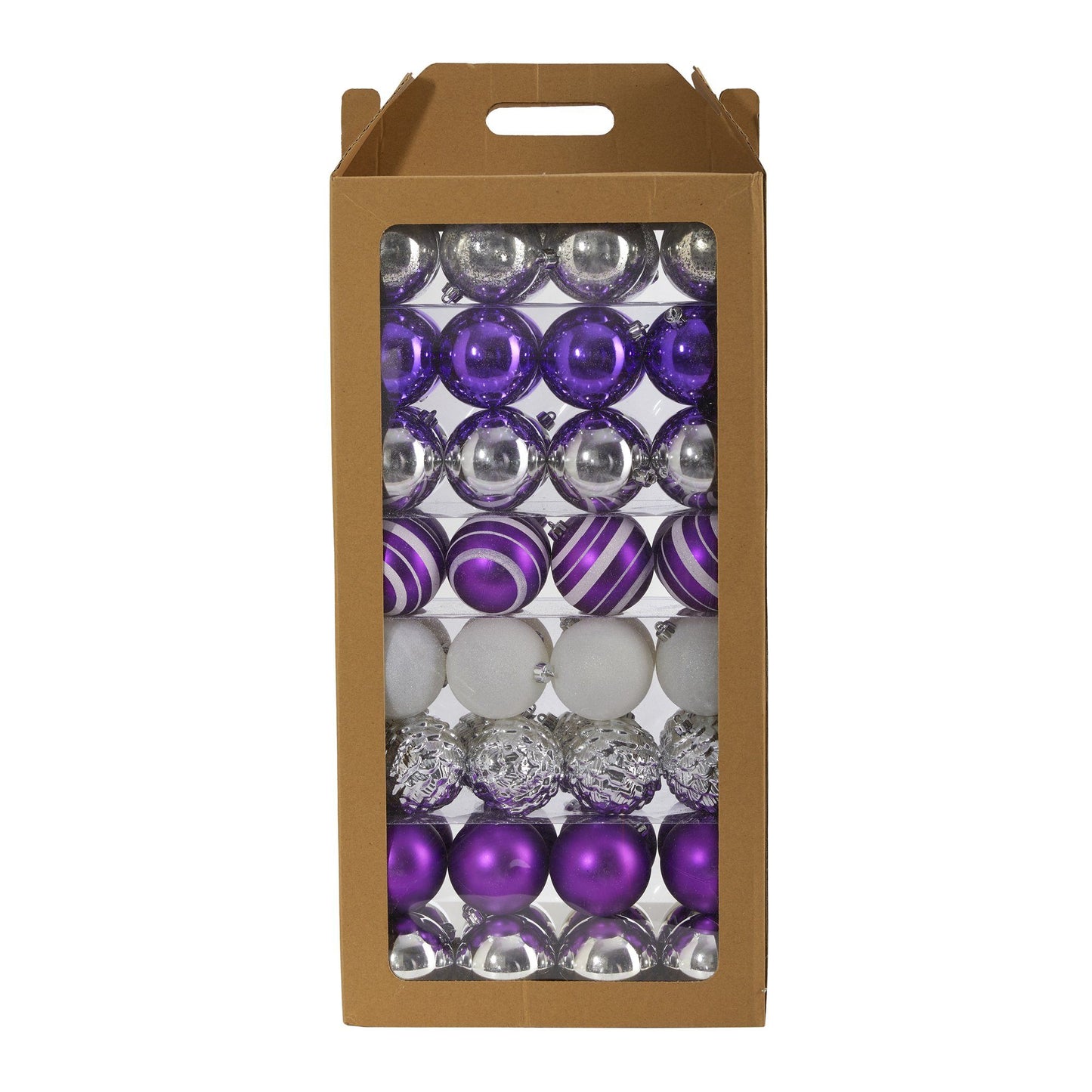 Holiday Shatterproof, 64 Count Christmas Tree Ornament Set, 80mm with Re-Useable Box Purple