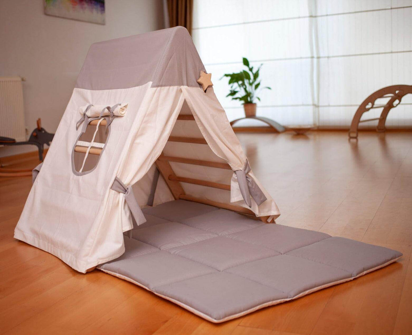 Climbing Triangle with Tent Cover, Mat, Ramp With Plain Tent Cover and Play Mat (White and Gray)