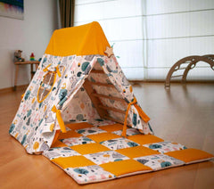 Climbing Triangle with Tent Cover, Mat, Ramp With Forest Tent Cover and Play Mat (Yellow and White)