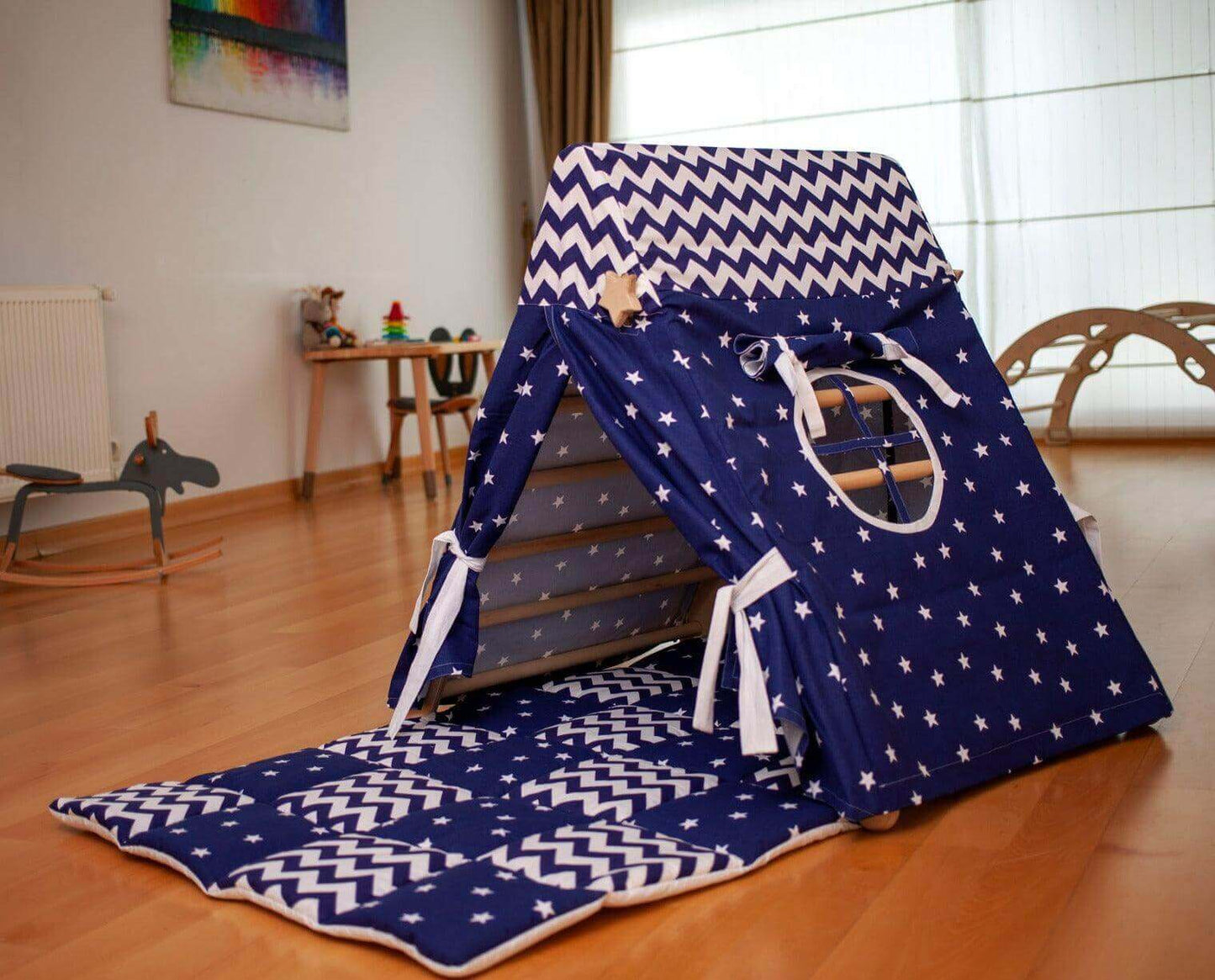Climbing Triangle with Tent Cover, Mat, Ramp With Star Tent Cover and Play Mat (Blue and White)