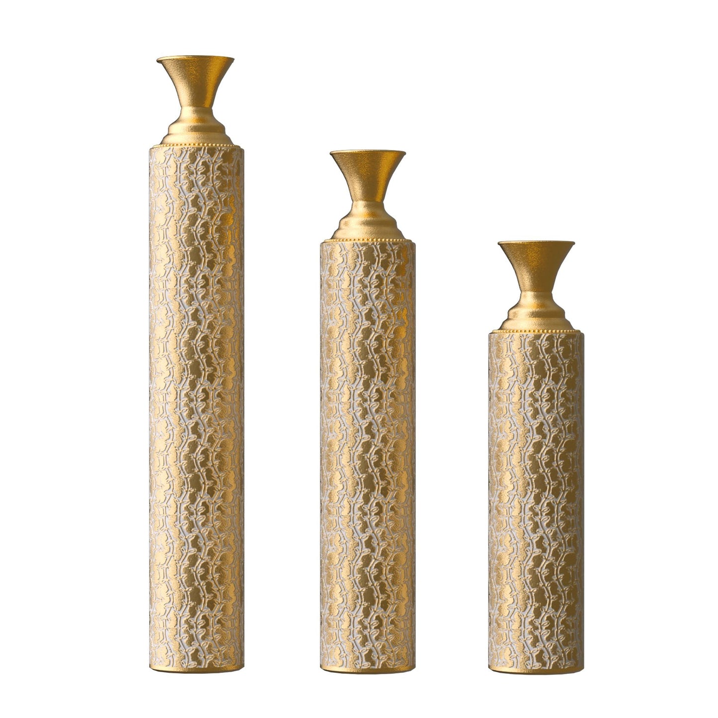 High distress metal center vases set of 3 vases in Gold