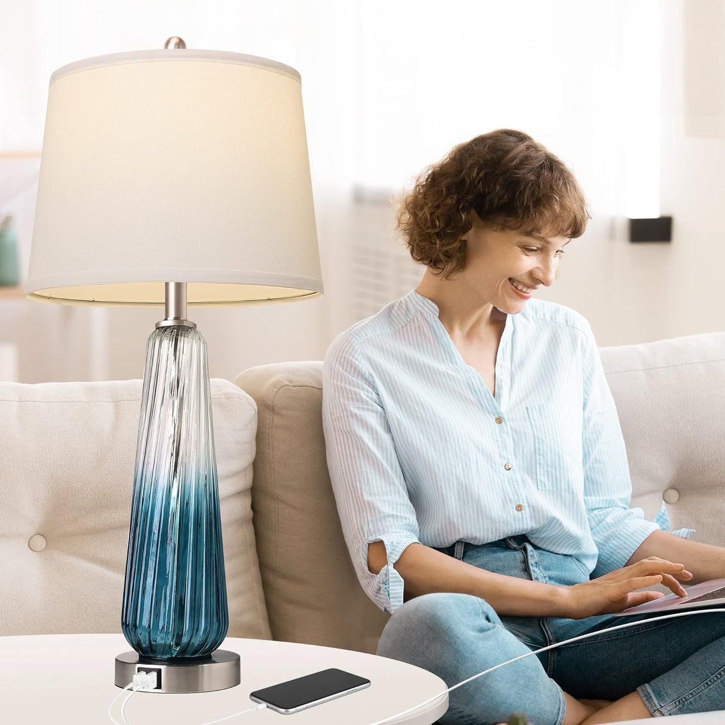 3-Way Dimmable Modern Glass Table Lamps with 2 USB Ports