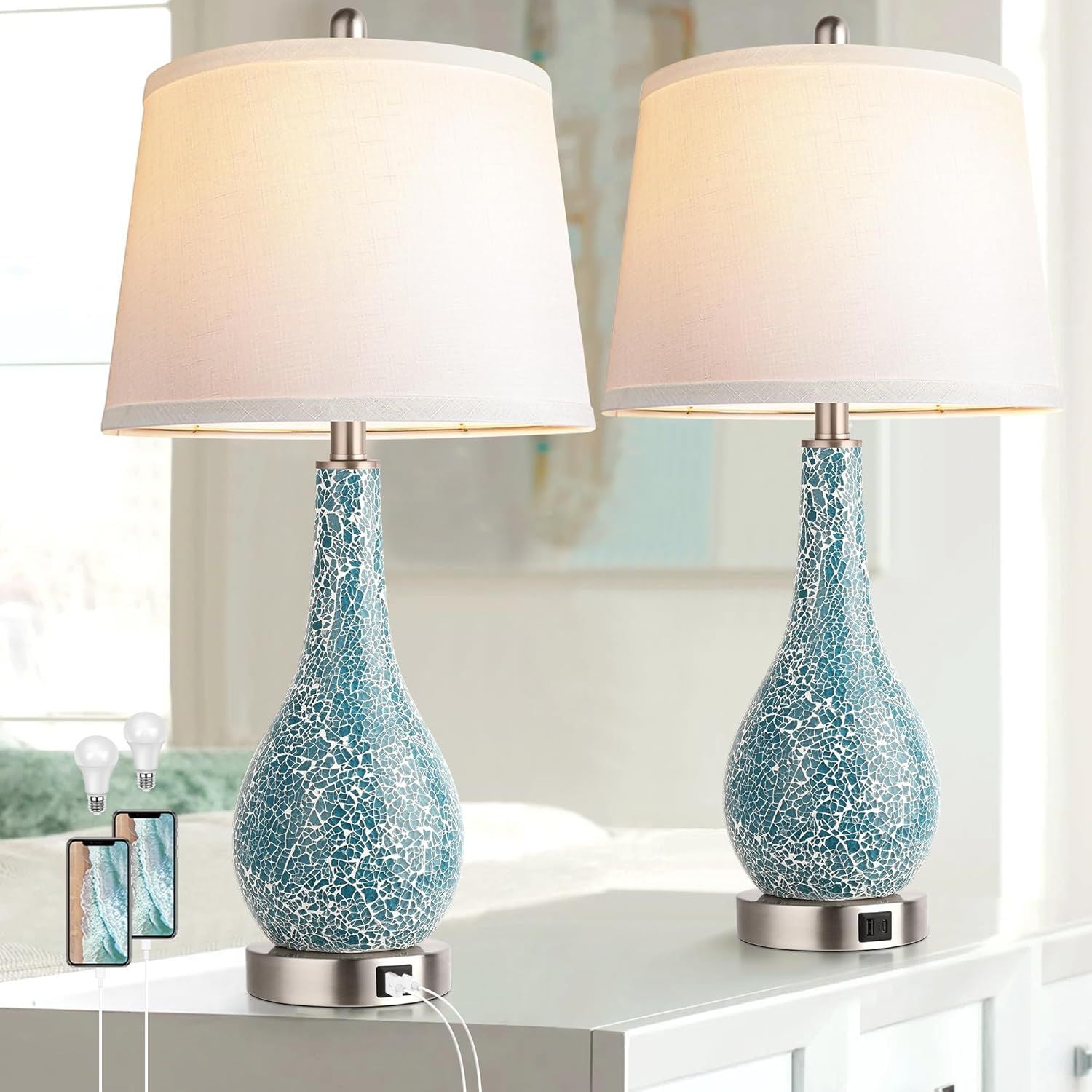 Blue Table Lamps with USB A+C Ports, 26" Set of 2