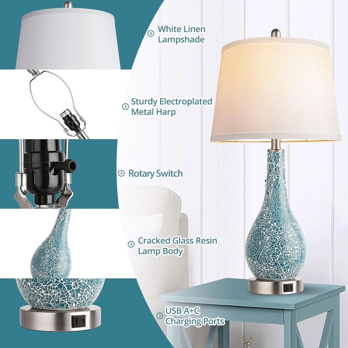 Blue Table Lamps with USB A+C Ports, 26" Set of 2