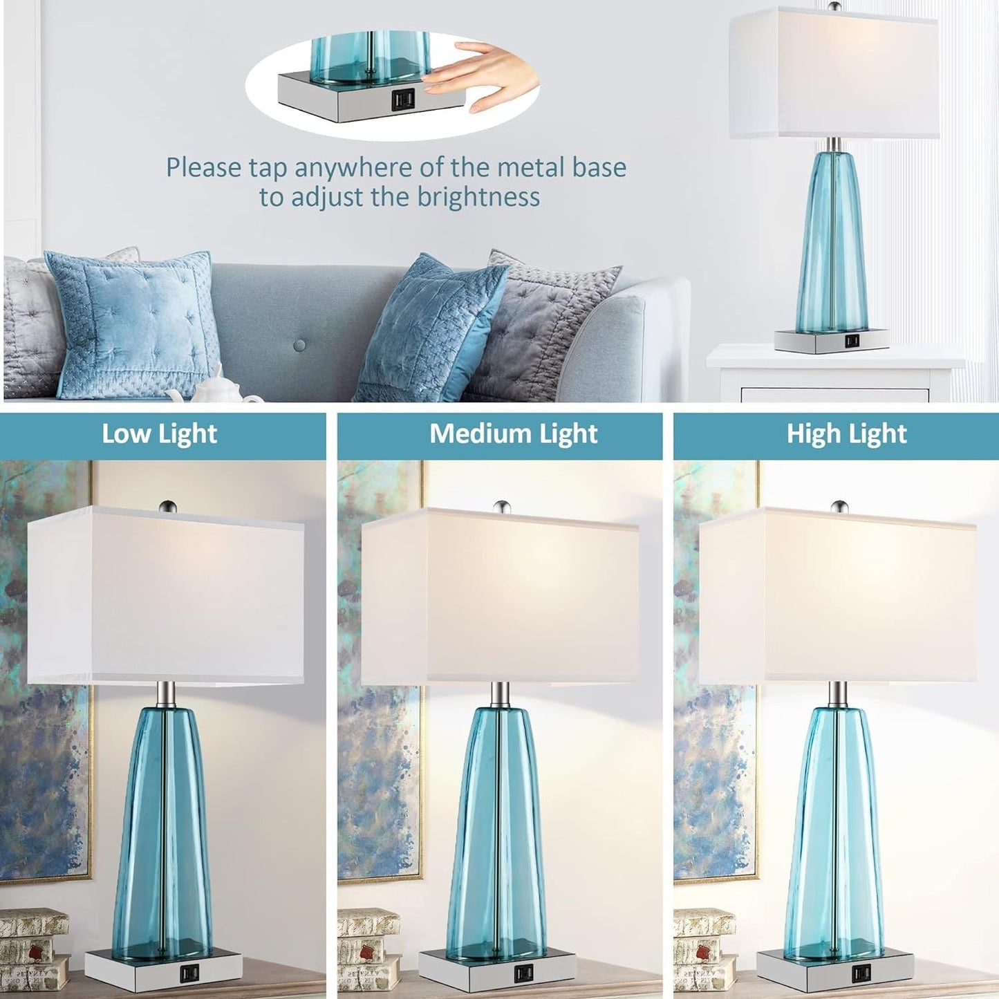 Contemporary Blue Green Glass Bedside Lamp with 2 USB Ports and Touch Control