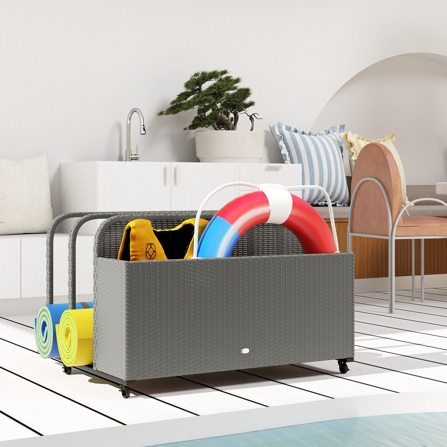 PE Rattan Pool Float Storage Organizer with Wheels, Mixed Gray