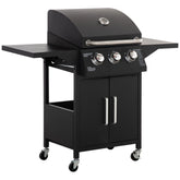 3 Burner Gas Grill Portable BBQ with Wheels in Black Black