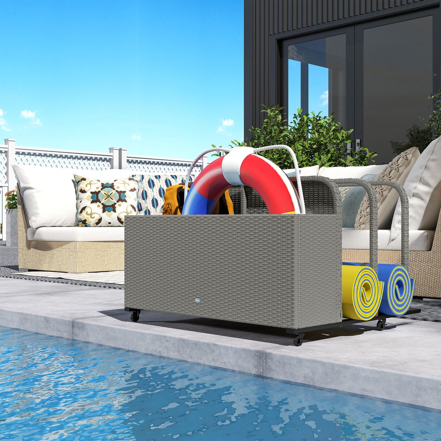 PE Rattan Pool Float Storage Organizer with Wheels, Mixed Gray