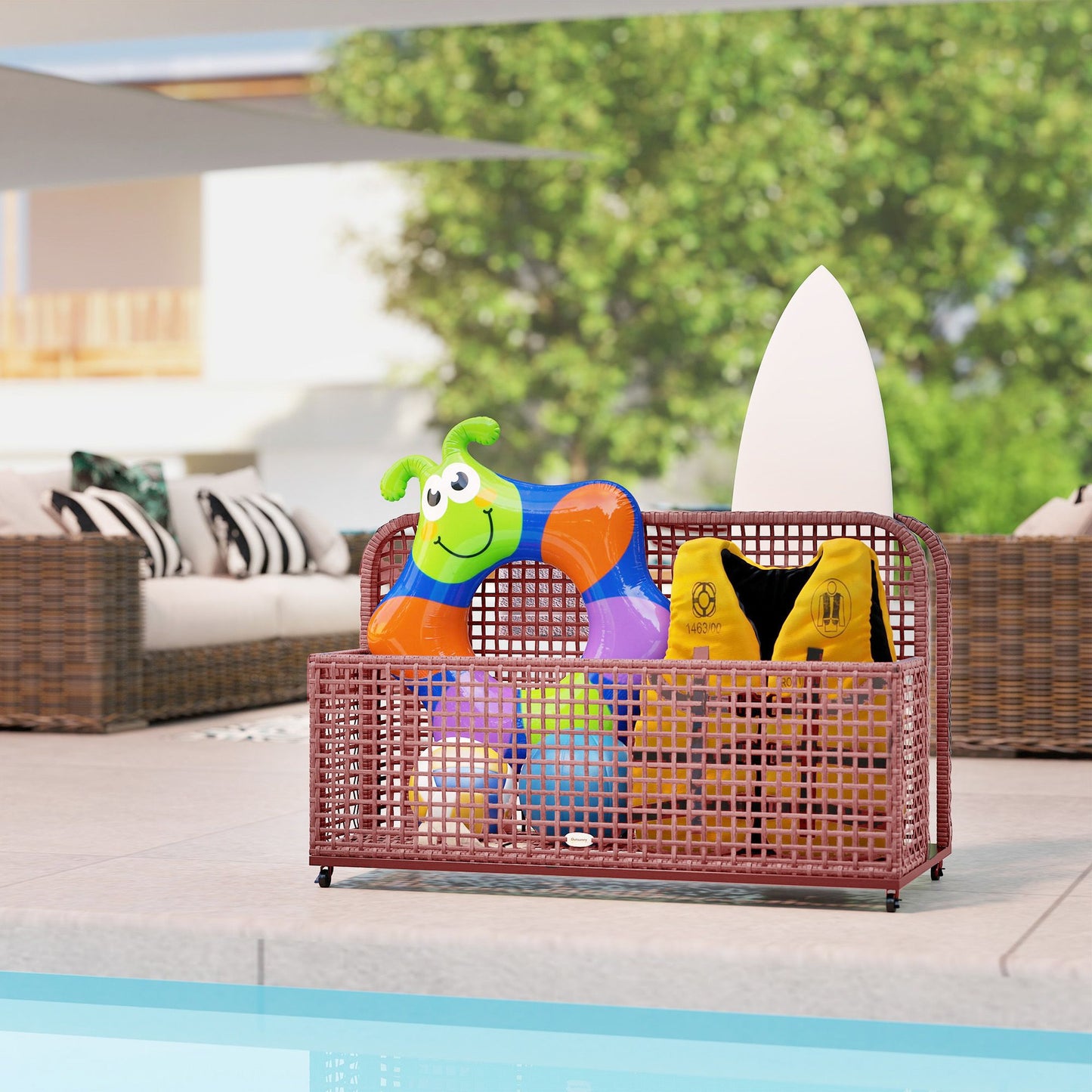 Rattan Pool Float Storage Organizer with Wheels, Mixed Brown