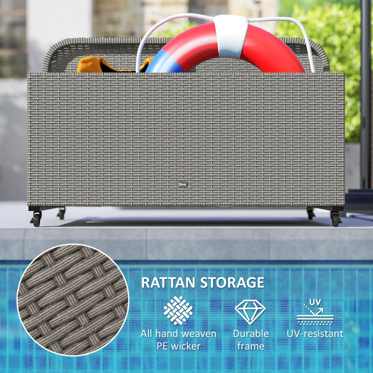 PE Rattan Pool Float Storage Organizer with Wheels, Mixed Gray