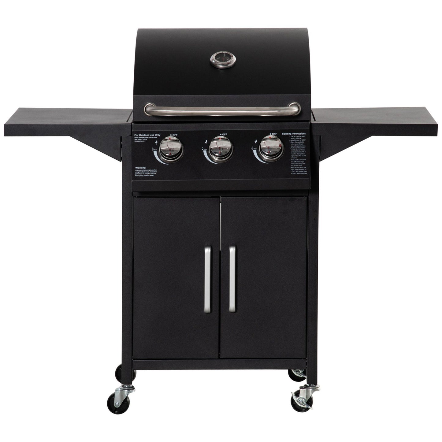 3 Burner Gas Grill Portable BBQ with Wheels in Black