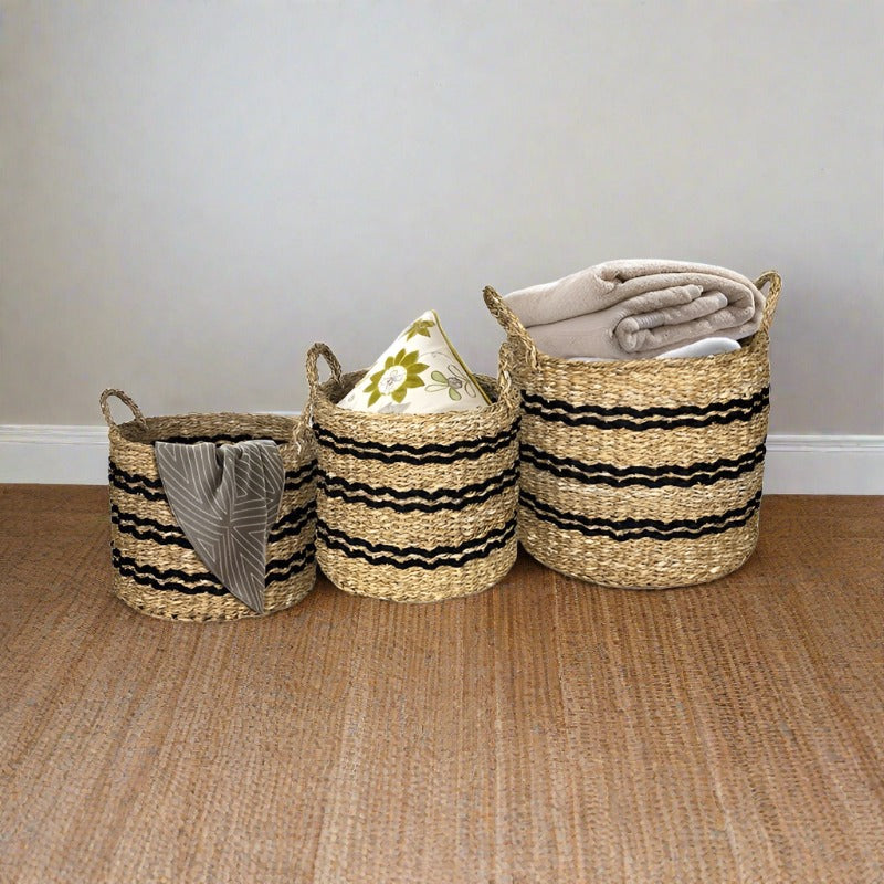 Set of 3 Stackable Storage Baskets with Handles S Natural