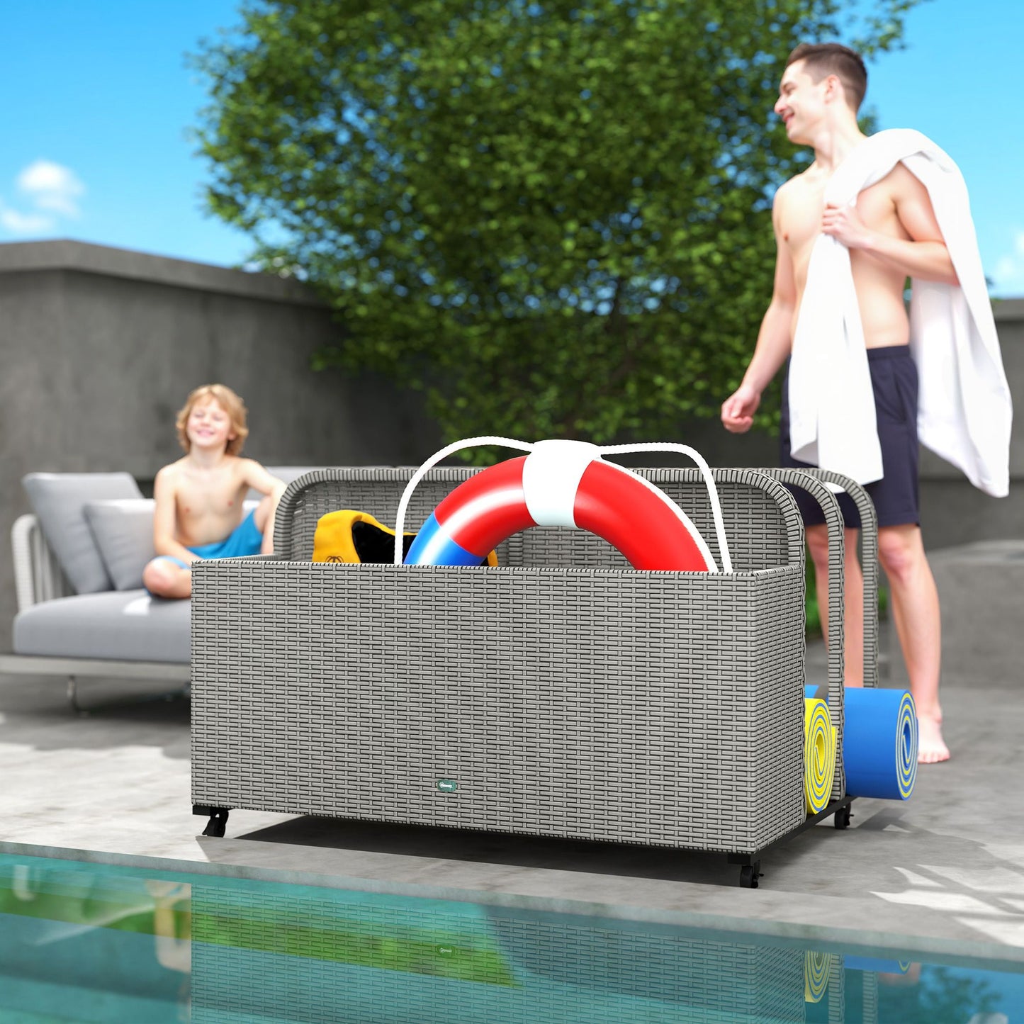 PE Rattan Pool Float Storage Organizer with Wheels, Mixed Gray