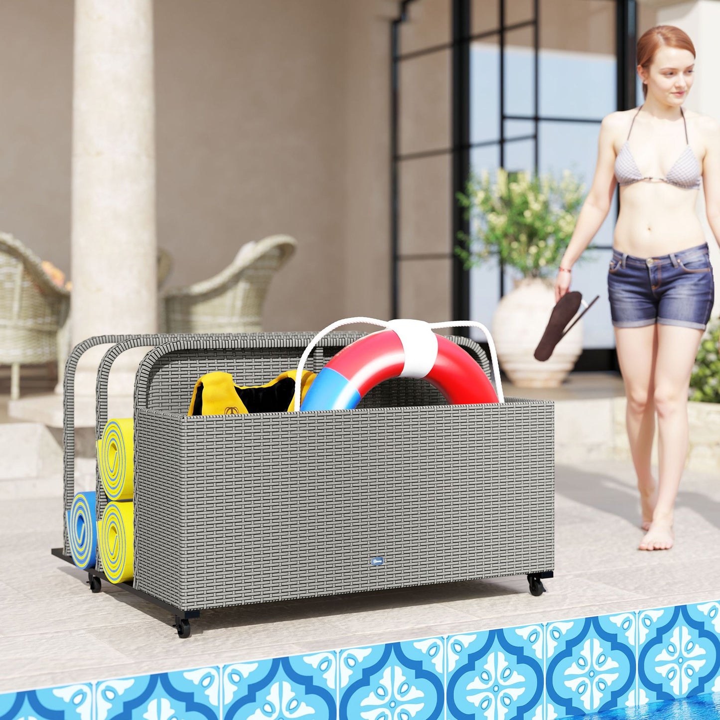 PE Rattan Pool Float Storage Organizer with Wheels, Mixed Gray