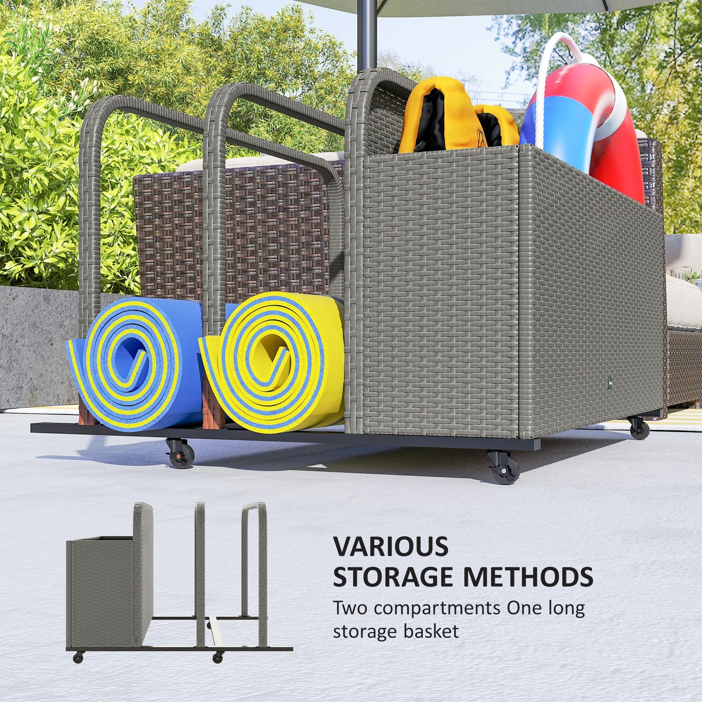 PE Rattan Pool Float Storage Organizer with Wheels, Mixed Gray