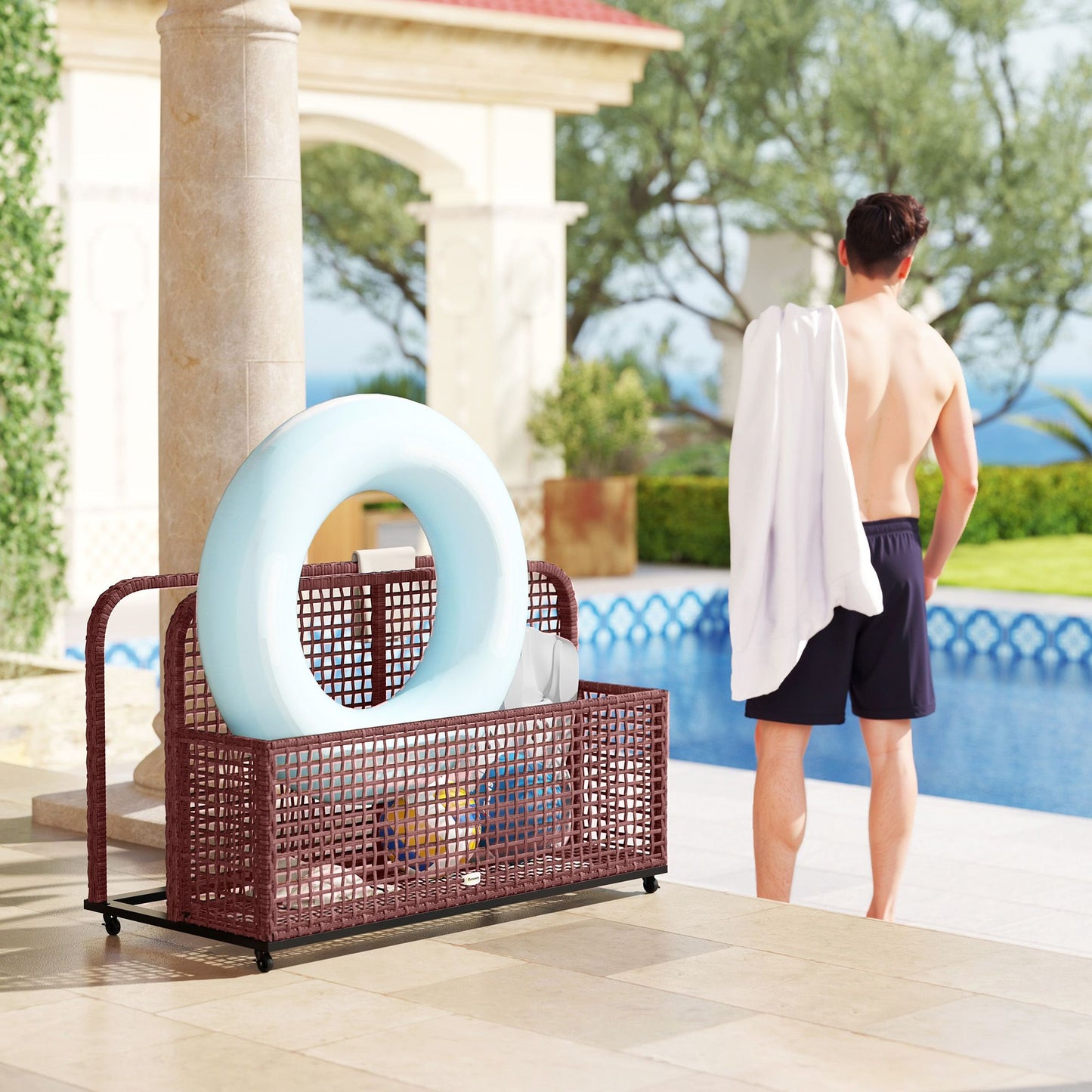 Rattan Pool Float Storage Organizer with Wheels, Mixed Brown
