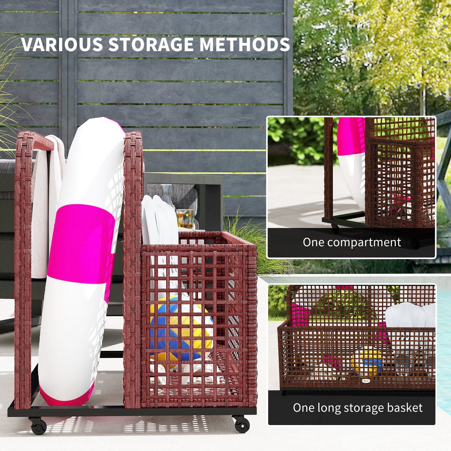 Rattan Pool Float Storage Organizer with Wheels, Mixed Brown