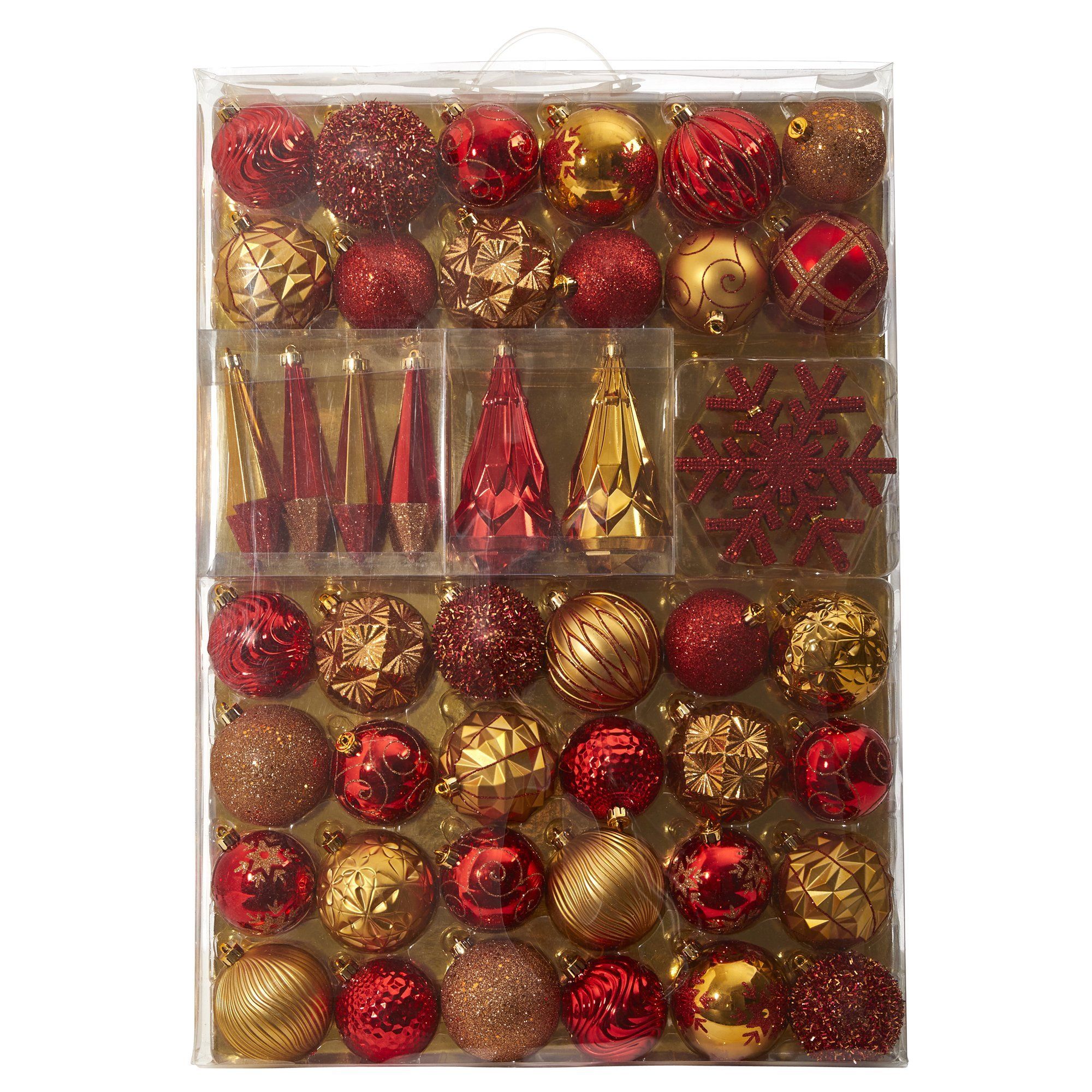 Holiday Shatterproof, 52 Count Christmas Tree Ornament Box Set, 80mm to 150mm with Reusable Tray Red