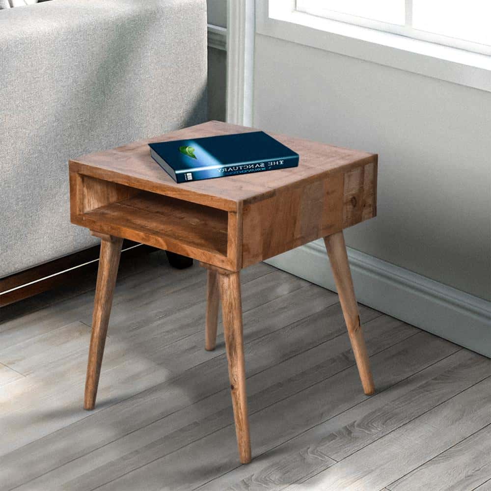 Open Compartment Wooden Square End Table 20 L X 20 W X 24 H Inches Brown Mango Wood