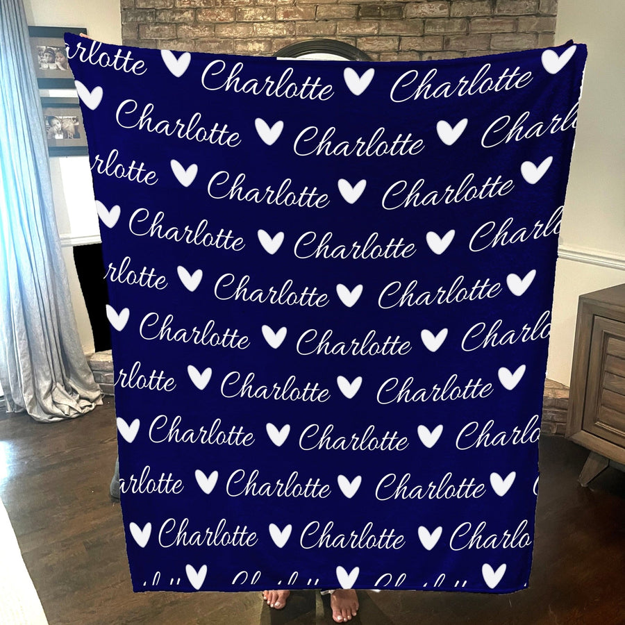 Personalized Cozy Plush Fleece blanket with Name & Hearts Blue