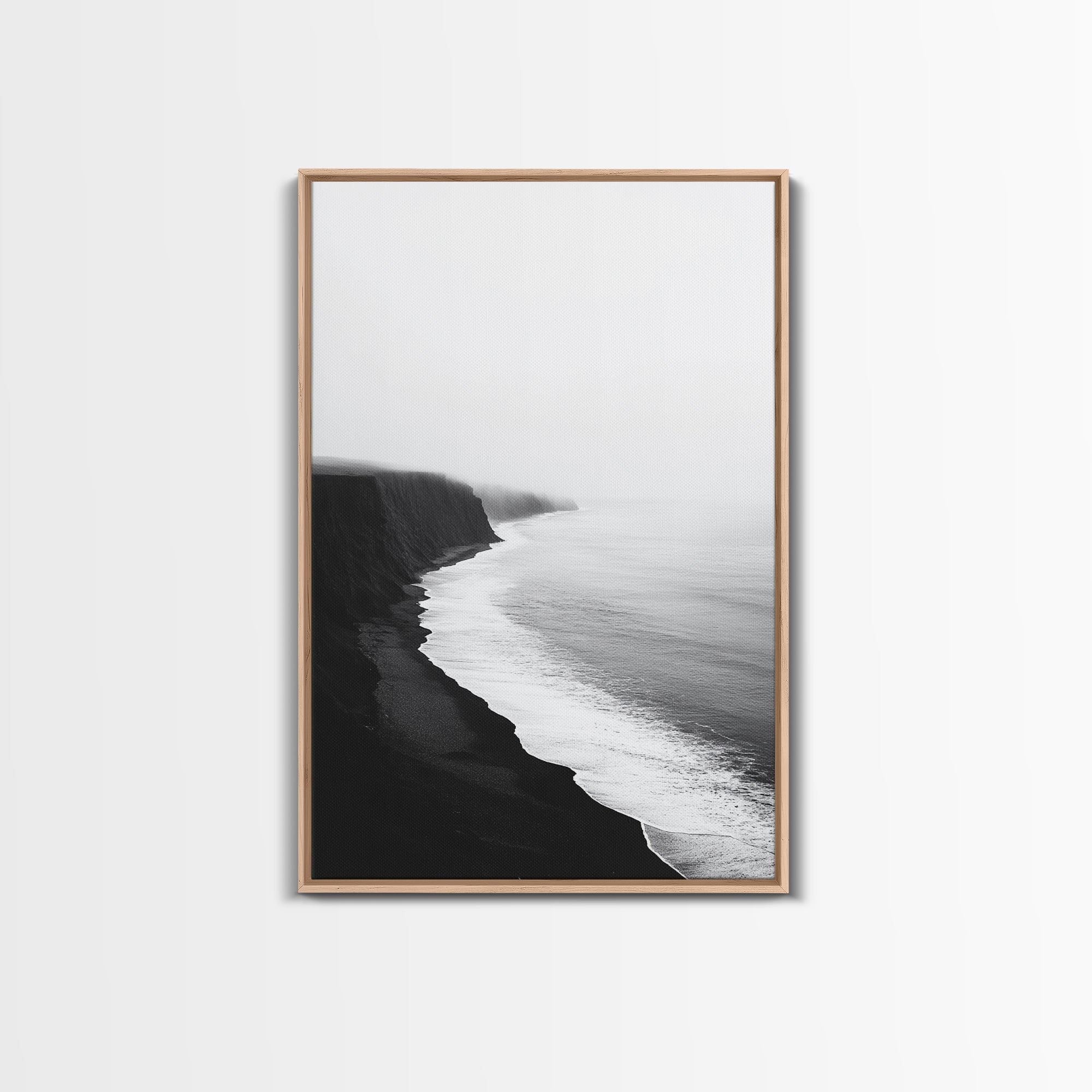 Cliff Coast, Mist Horizon, Monochrome Sea, Rugged Beauty, Canvas Print, Living Room Wall Art, Coastal Modern Style, Minimalist Ocean Scene Light Oak Frame