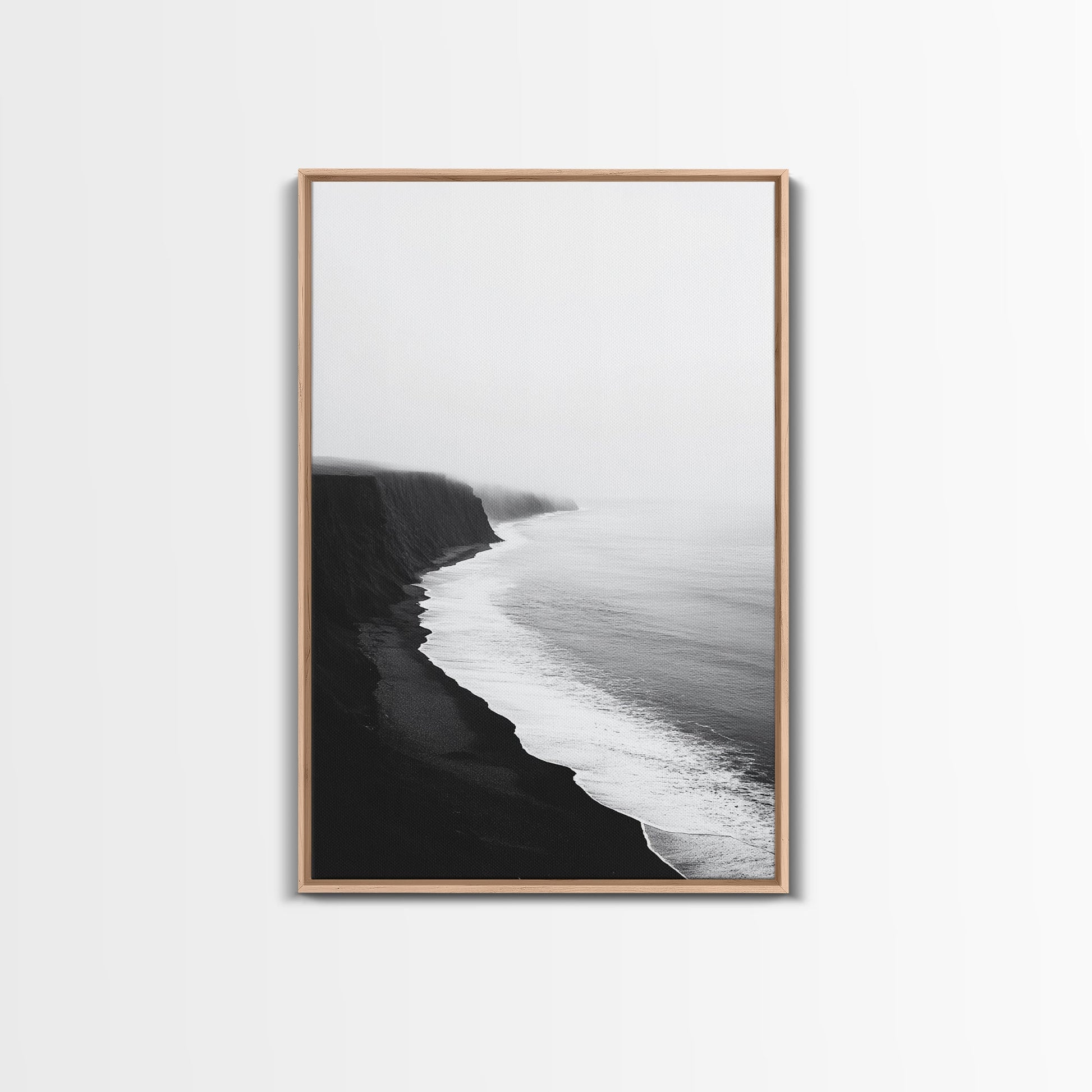 Cliff Coast, Mist Horizon, Monochrome Sea, Rugged Beauty, Canvas Print, Living Room Wall Art, Coastal Modern Style, Minimalist Ocean Scene Light Oak Floater