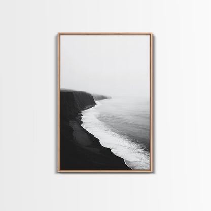 Cliff Coast, Mist Horizon, Monochrome Sea, Rugged Beauty, Canvas Print, Living Room Wall Art, Coastal Modern Style, Minimalist Ocean Scene Light Oak Floater
