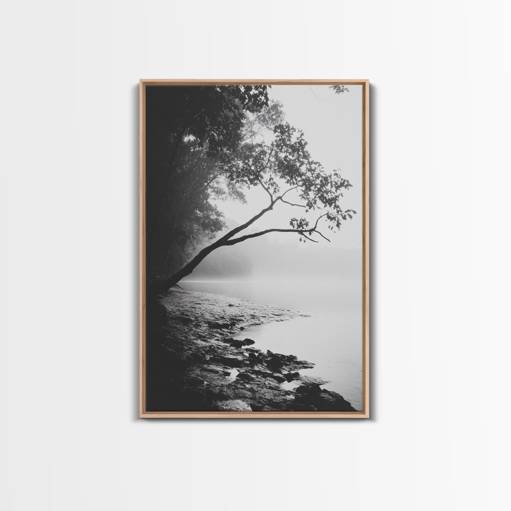 Misty Tree, Shoreline Fog, Forest Edge, Moody Atmosphere, Framed Canvas Print, Bedroom Wall Art, Autumn Woodland Style, Serene Nature Decor Light Oak Frame