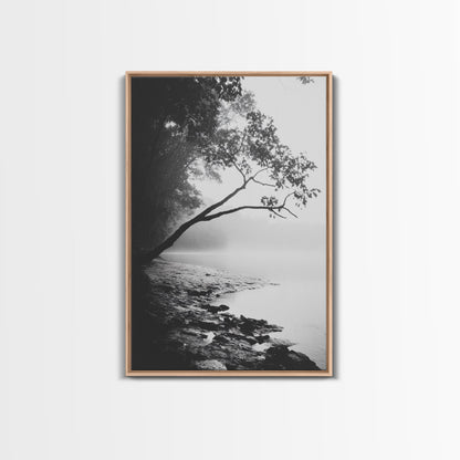 Misty Tree, Shoreline Fog, Forest Edge, Moody Atmosphere, Framed Canvas Print, Bedroom Wall Art, Autumn Woodland Style, Serene Nature Decor Light Oak Floater