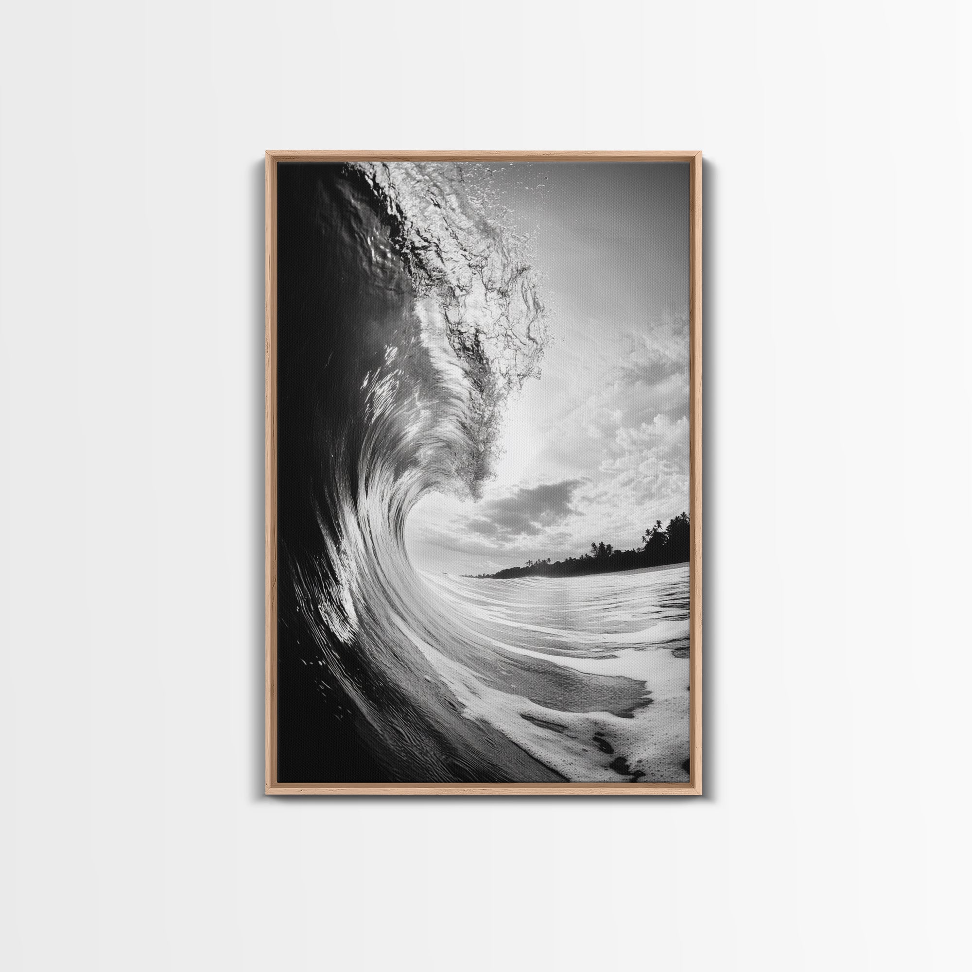 Ocean Wave Curl, Sea Barrel Art, Surf Power Print, Framed Canvas Print, Bathroom Wall Art, Modern Beach Decor, Black White Seascape Light Oak Frame