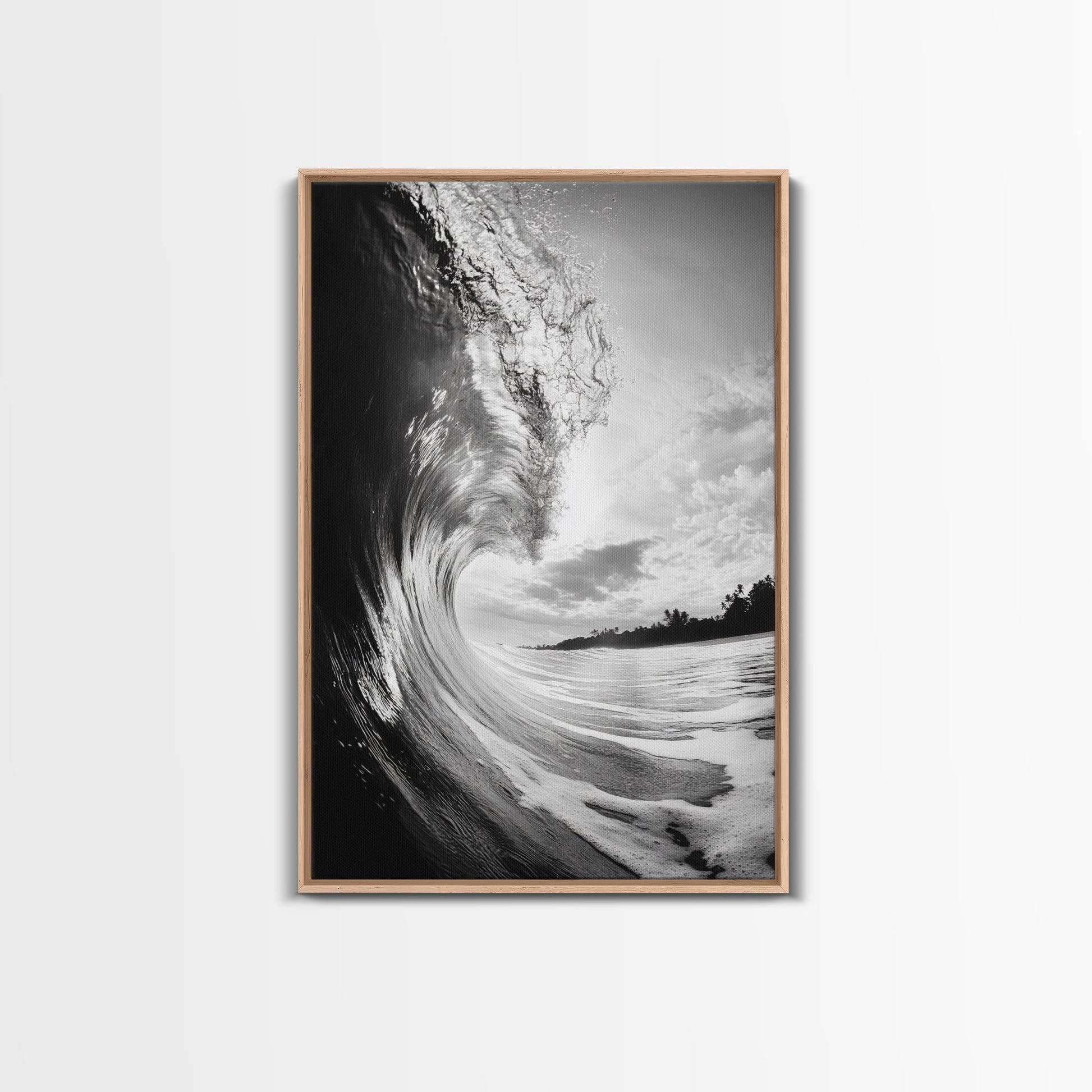 Ocean Wave Curl, Sea Barrel Art, Surf Power Print, Framed Canvas Print, Bathroom Wall Art, Modern Beach Decor, Black White Seascape Light Oak Floater