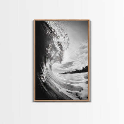 Ocean Wave Curl, Sea Barrel Art, Surf Power Print, Framed Canvas Print, Bathroom Wall Art, Modern Beach Decor, Black White Seascape Light Oak Floater