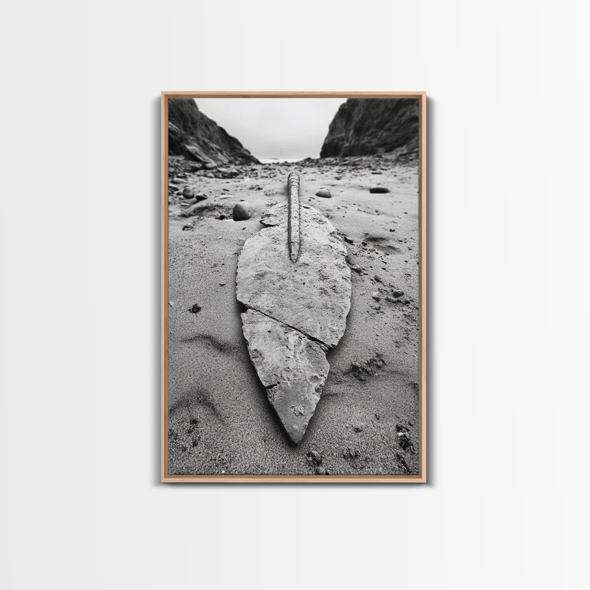 Fossil Rock Shore, Beach Minimalism, Sand Texture Art, Canvas Print, Coastal Wall Art, Natural History Decor, Abstract Earthy Art Light Oak Frame