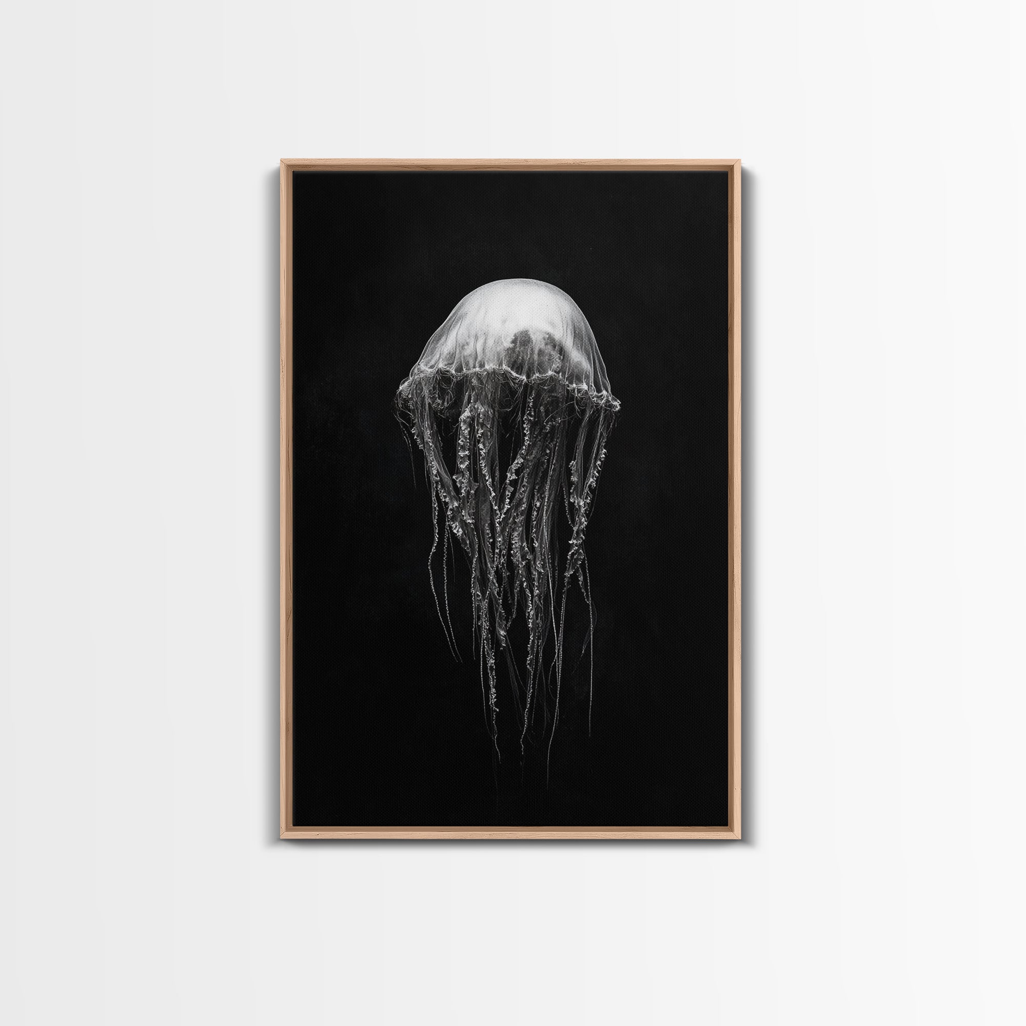 Elegant Jellyfish Art, Ocean Wildlife, Monochrome Marine, Framed Canvas Print, Bathroom Decor, Nautical Wall Art, Minimalist Sea Life Light Oak Frame