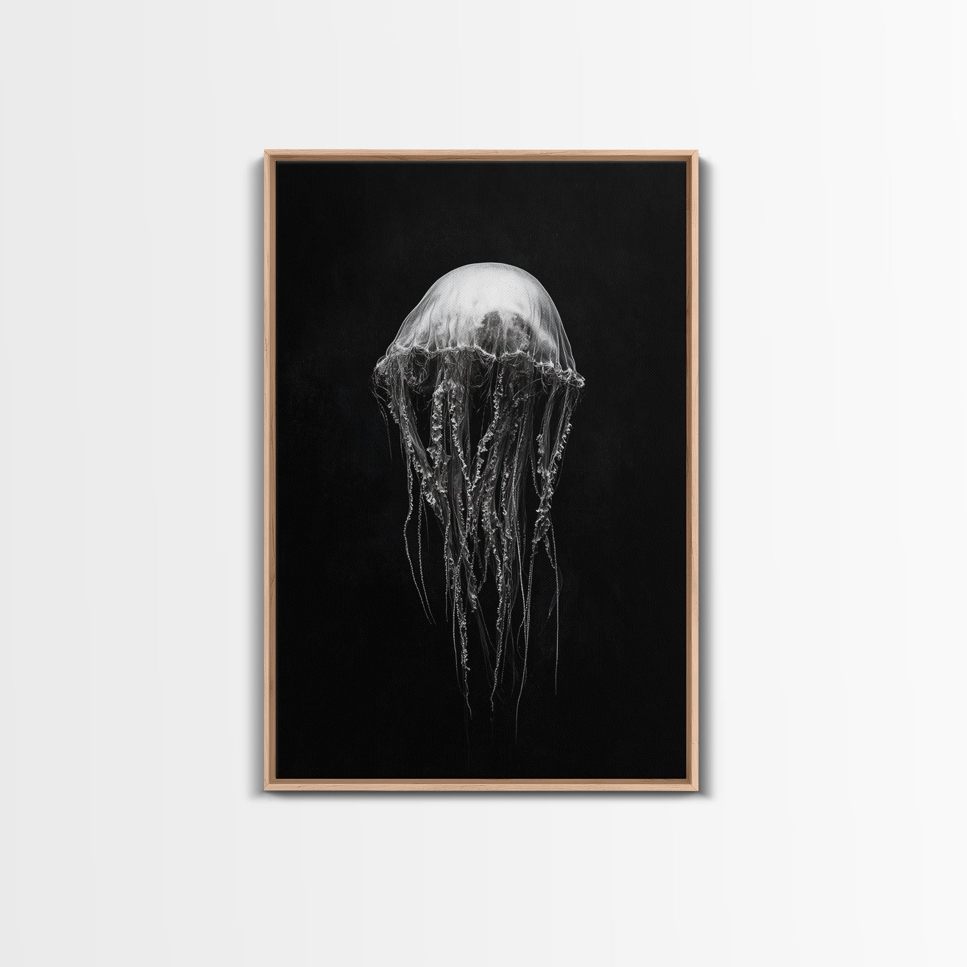 Elegant Jellyfish Art, Ocean Wildlife, Monochrome Marine, Framed Canvas Print, Bathroom Decor, Nautical Wall Art, Minimalist Sea Life Light Oak Floater