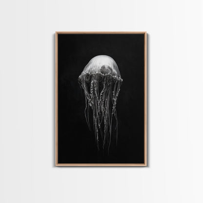 Elegant Jellyfish Art, Ocean Wildlife, Monochrome Marine, Framed Canvas Print, Bathroom Decor, Nautical Wall Art, Minimalist Sea Life Light Oak Floater