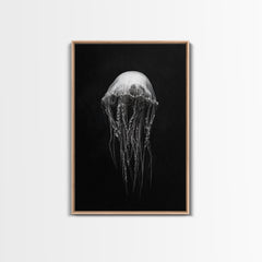 Elegant Jellyfish Art, Ocean Wildlife, Monochrome Marine, Framed Canvas Print, Bathroom Decor, Nautical Wall Art, Minimalist Sea Life Light Oak Frame