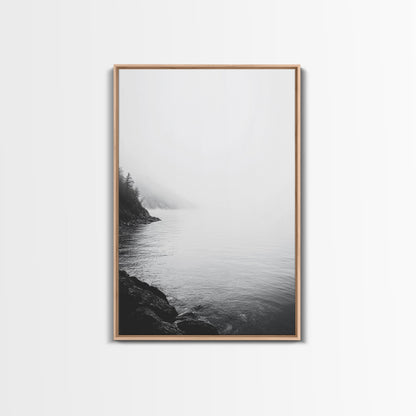 Misty Lakeshore, Foggy Forest Water, Monochrome Tranquility, Framed Canvas Print, Minimalist Art, Calm Landscape, Bedroom Wall Decor Light Oak Floater