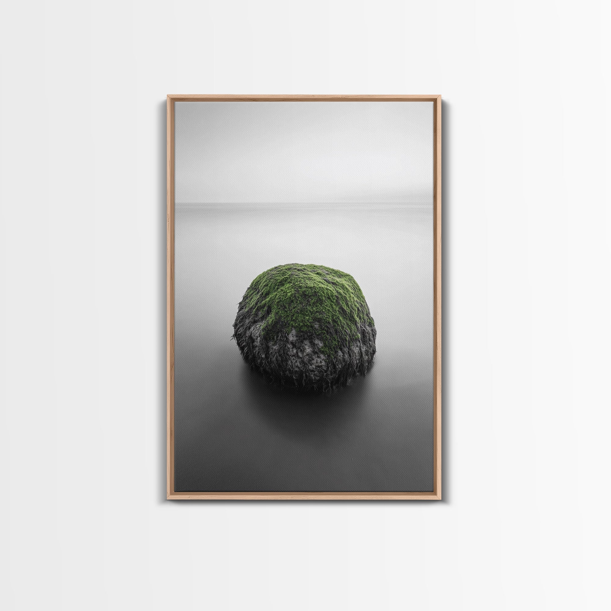 Moss Rock Minimal, Green Accent Art, Coastal Zen Decor, Framed Canvas Print, Modern Neutral Room, Nature Wall Aesthetic Light Oak Frame