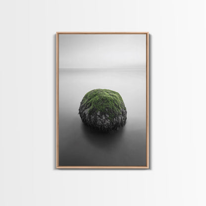 Moss Rock Minimal, Green Accent Art, Coastal Zen Decor, Framed Canvas Print, Modern Neutral Room, Nature Wall Aesthetic Light Oak Floater