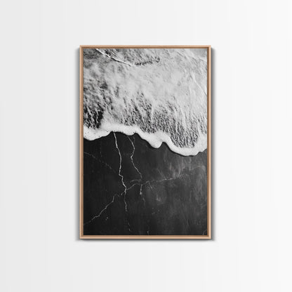 Wave Edge, Cracked Earth, Tide Meets Stone, Nature Contrast, Canvas Print, Abstract Ocean Art, Minimalist Wall Decor, Bathroom Artwork Light Oak Floater