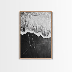 Wave Edge, Cracked Earth, Tide Meets Stone, Nature Contrast, Canvas Print, Abstract Ocean Art, Minimalist Wall Decor, Bathroom Artwork Light Oak Frame