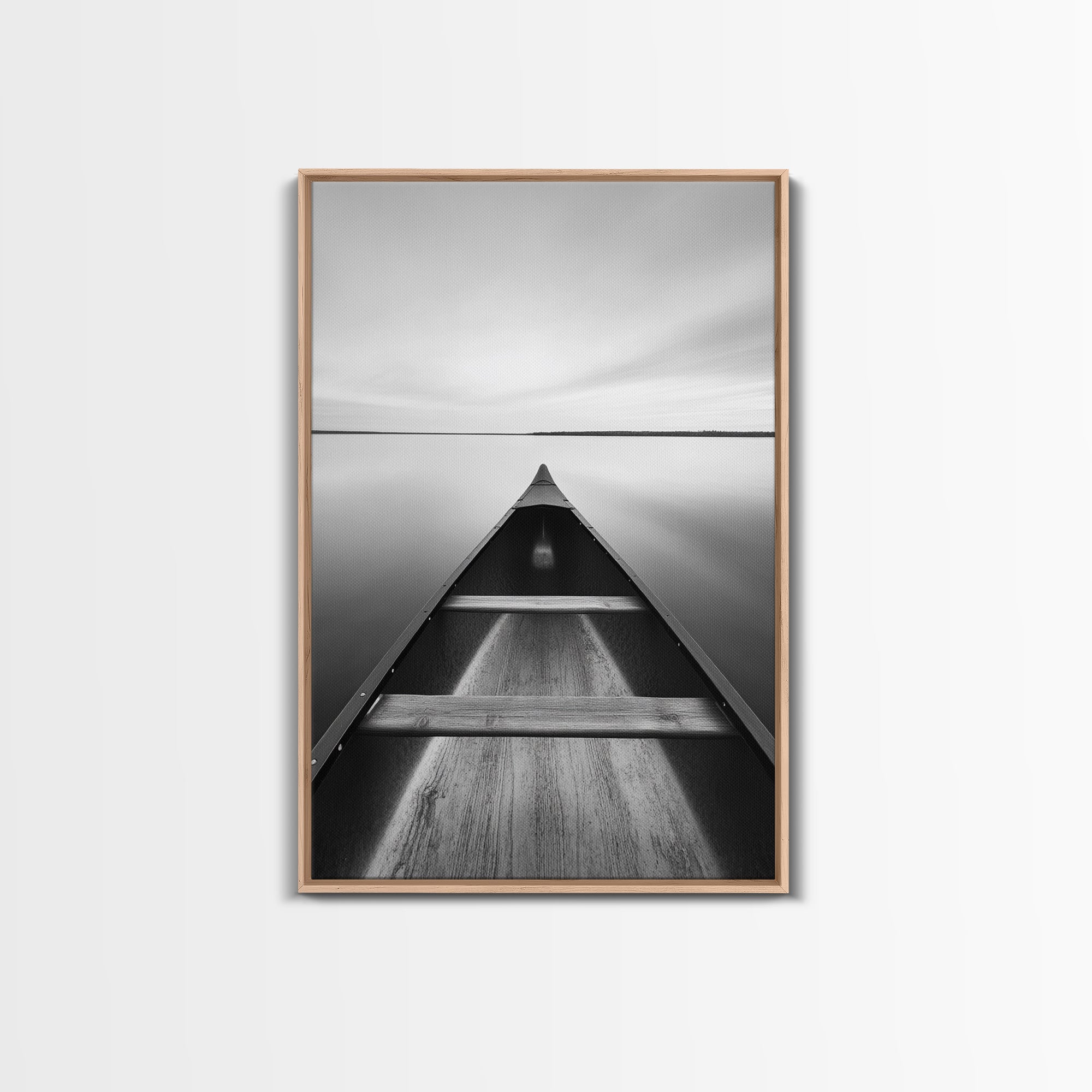 Canoe, Lake, Calm, Horizon - Minimalist lake paddle scene, Framed Canvas Print, peaceful home office art, Scandinavian decor, wilderness print Light Oak Frame