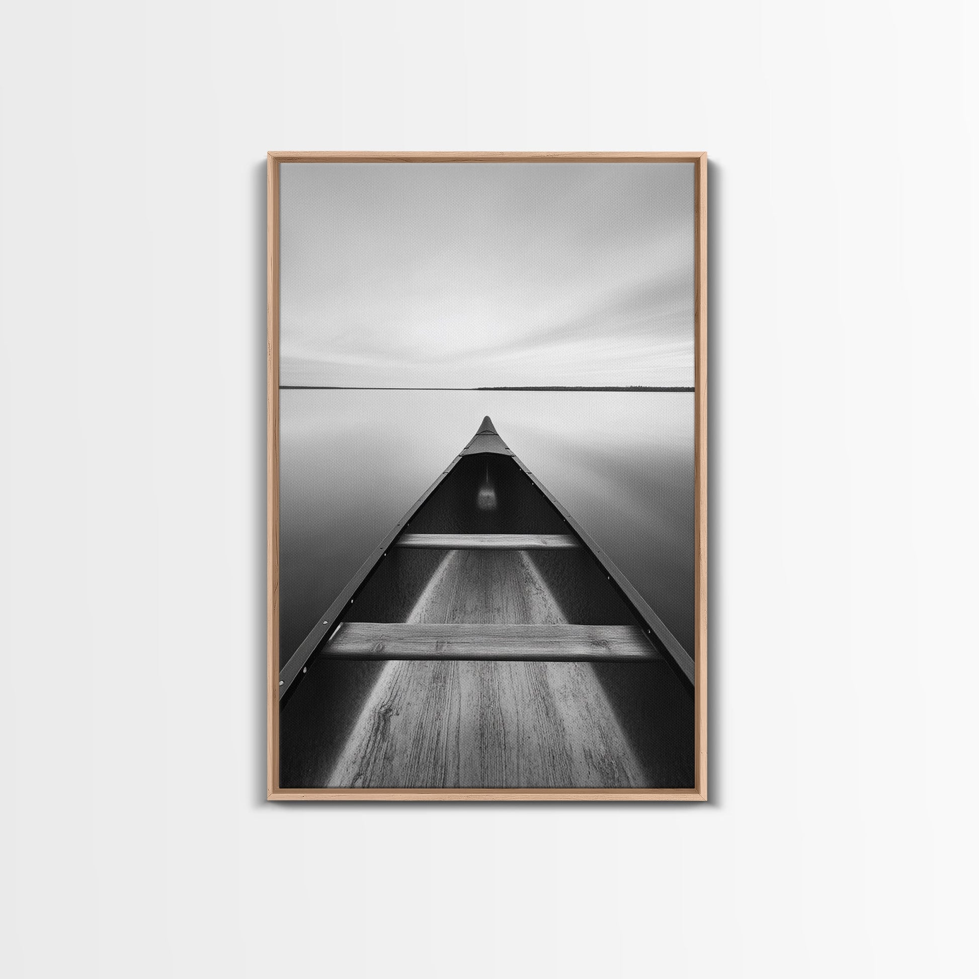 Canoe, Lake, Calm, Horizon - Minimalist lake paddle scene, Framed Canvas Print, peaceful home office art, Scandinavian decor, wilderness print Light Oak Floater