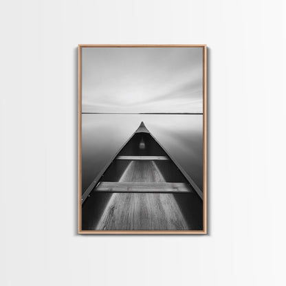 Canoe, Lake, Calm, Horizon - Minimalist lake paddle scene, Framed Canvas Print, peaceful home office art, Scandinavian decor, wilderness print Light Oak Floater