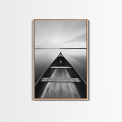 Canoe, Lake, Calm, Horizon - Minimalist lake paddle scene, Framed Canvas Print, peaceful home office art, Scandinavian decor, wilderness print Light Oak Frame