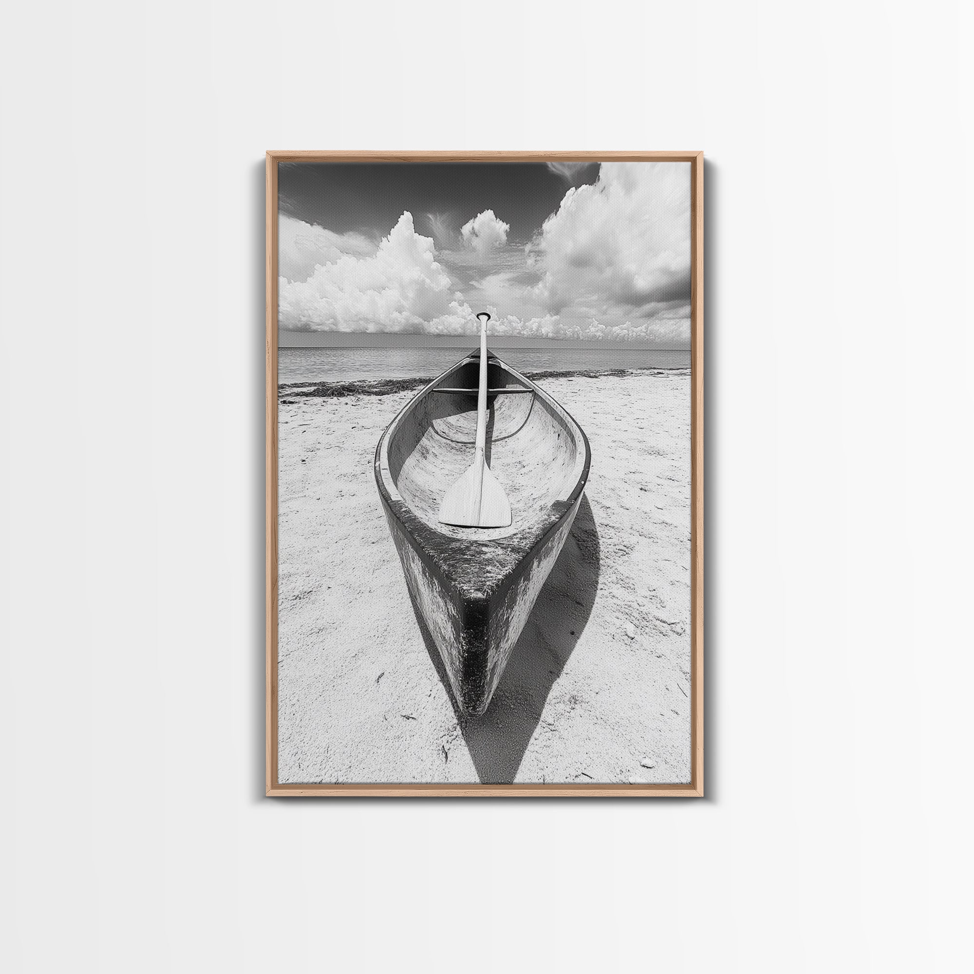 Paddle, Canoe, Beach, Clouds - Summer boating scene, Canvas Print, ideal bathroom or guestroom nautical art, rustic coastal boho wall decor Light Oak Frame