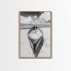 Paddle, Canoe, Beach, Clouds - Summer boating scene, Canvas Print, ideal bathroom or guestroom nautical art, rustic coastal boho wall decor Light Oak Frame