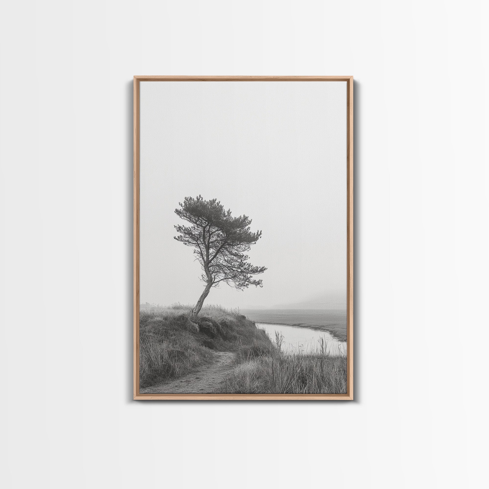 Leaning Tree Path, Soft Fog Scene, Calm Landscape, Canvas Print, Serene Entryway Wall Art, Nature Photography, Minimalist Decor Light Oak Frame