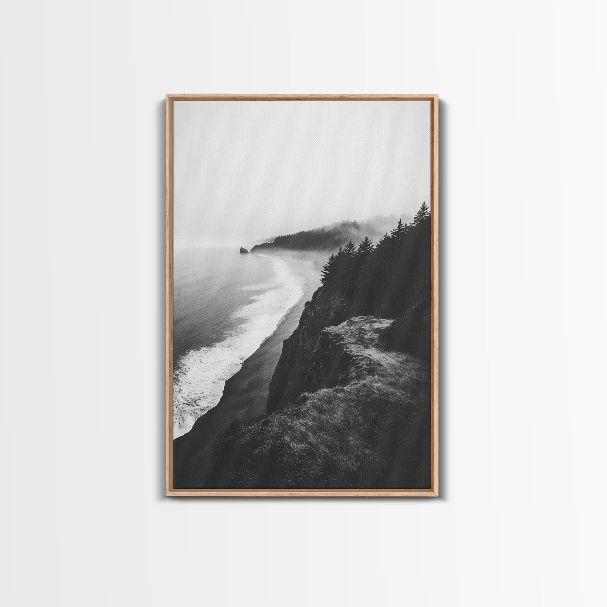 Misty Coastline, Pine Forest, Foggy Morning, Framed Canvas Print, Moody Nature Decor, Living Room Wall Art, Monochrome Style Light Oak Frame